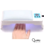 Lámpara LED blanca con cojín reposamanos integrado, diseño plegable con temporizadores de 30, 60 y 90 segundos para secado de uñas profesional.
