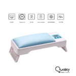 Cojín reposamanos blanco y azul con lámpara LED plegable de 72W, incluye temporizador y panel digital para secado rápido de uñas.