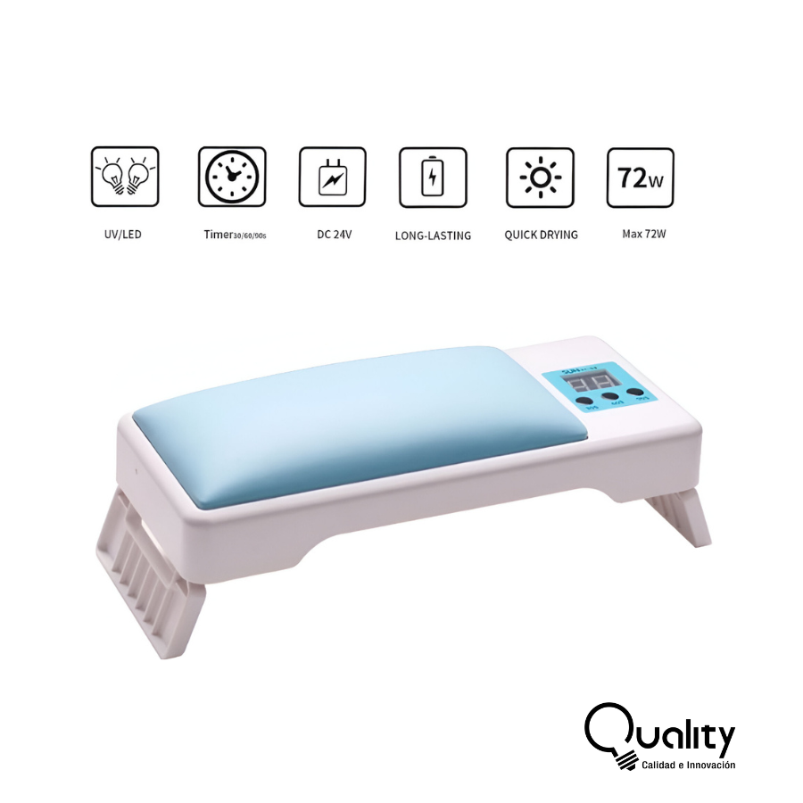 Cojín reposamanos blanco y azul con lámpara LED plegable de 72W, incluye temporizador y panel digital para secado rápido de uñas.
