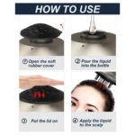 Instrucciones para aplicador de líquido capilar: abrir tapa, verter líquido, cerrar tapa, aplicar en cuero cabelludo.