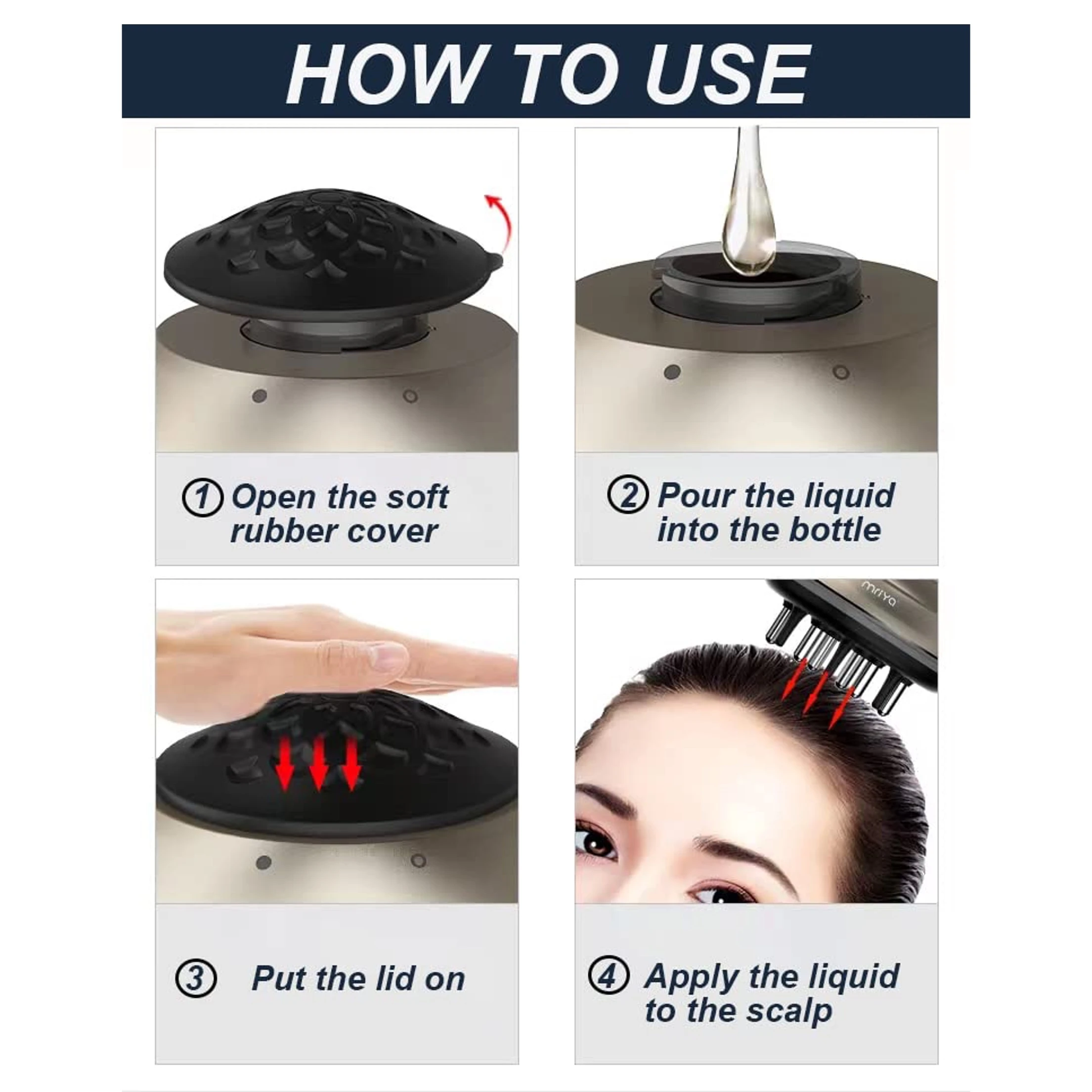 Instrucciones para aplicador de líquido capilar: abrir tapa, verter líquido, cerrar tapa, aplicar en cuero cabelludo.