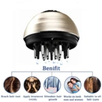 Masajeador para cuidado del cabello dorado y negro con aplicación directa al cuero cabelludo y beneficios para el crecimiento.