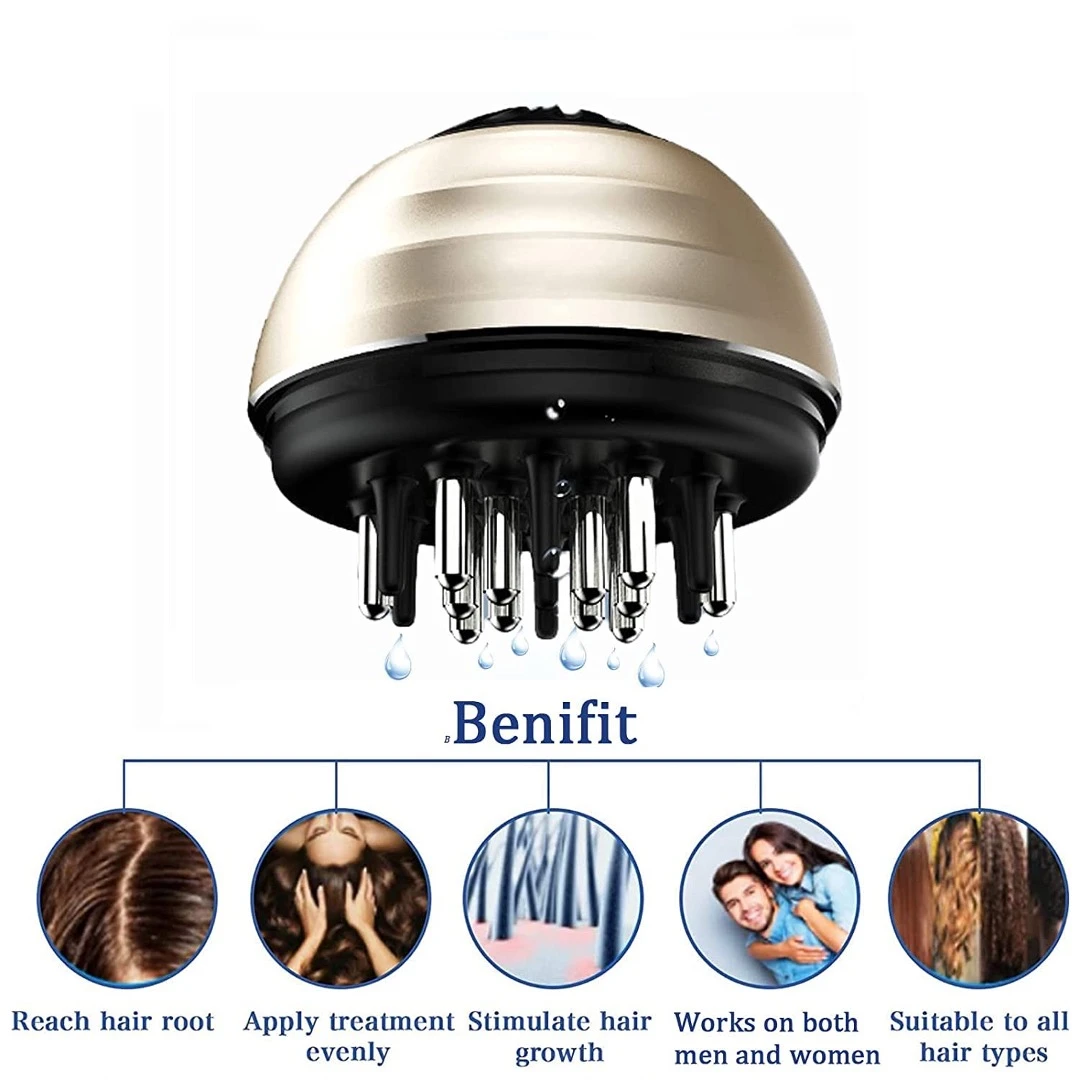 Masajeador para cuidado del cabello dorado y negro con aplicación directa al cuero cabelludo y beneficios para el crecimiento.