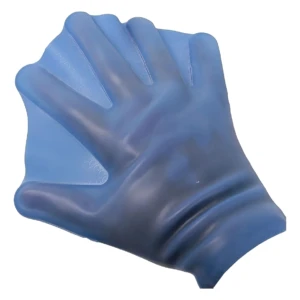 Guante palmeado de natación azul translúcido para niños, material siliconado con textura de escamas.