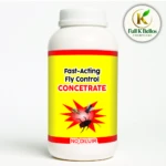 Botella blanca de repelente de moscas concentrado rápido, con etiqueta amarilla y roja, muestra insectos.