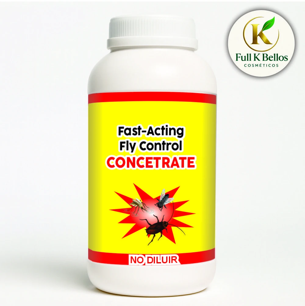 Botella blanca de repelente de moscas concentrado rápido, con etiqueta amarilla y roja, muestra insectos.