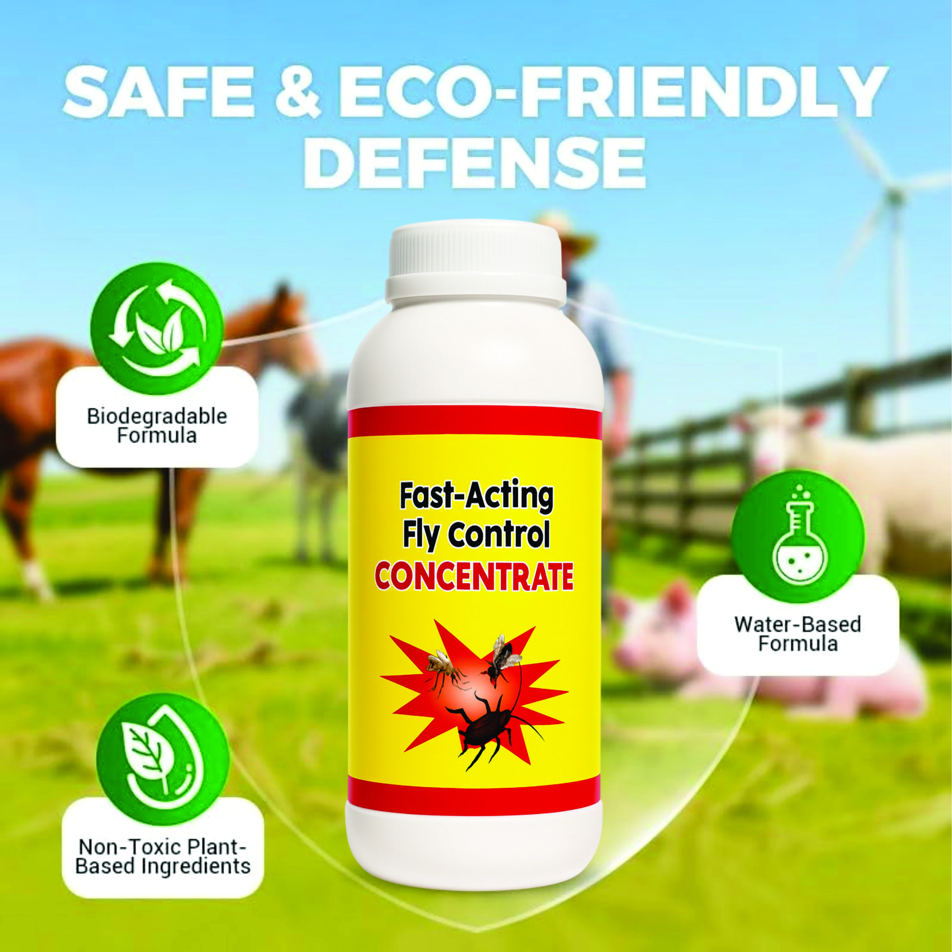 Botella de concentrado para control de moscas, fórmula a base de agua y biodegradable.