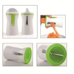 Rebanador en espiral blanco y verde para vegetales, ideal para crear espagueti de calabacín y zanahoria.