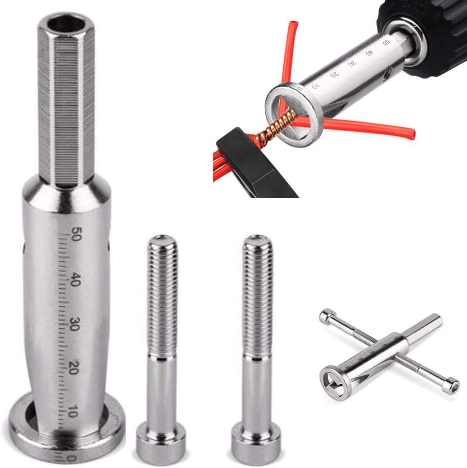 Herramienta pelacables cónica de metal con marcas, tornillos y otros accesorios.