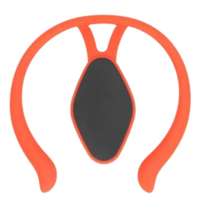 Corrector de postura naranja con placa central gris texturizada para vibración.