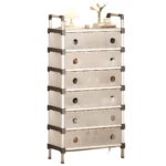 Zapatero de 7 niveles con compartimentos transparentes y asas plateadas, ideal para organizar calzado.