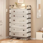 Zapatero de 7 niveles con cajones translúcidos y asas plateadas, ideal para organizar calzado.