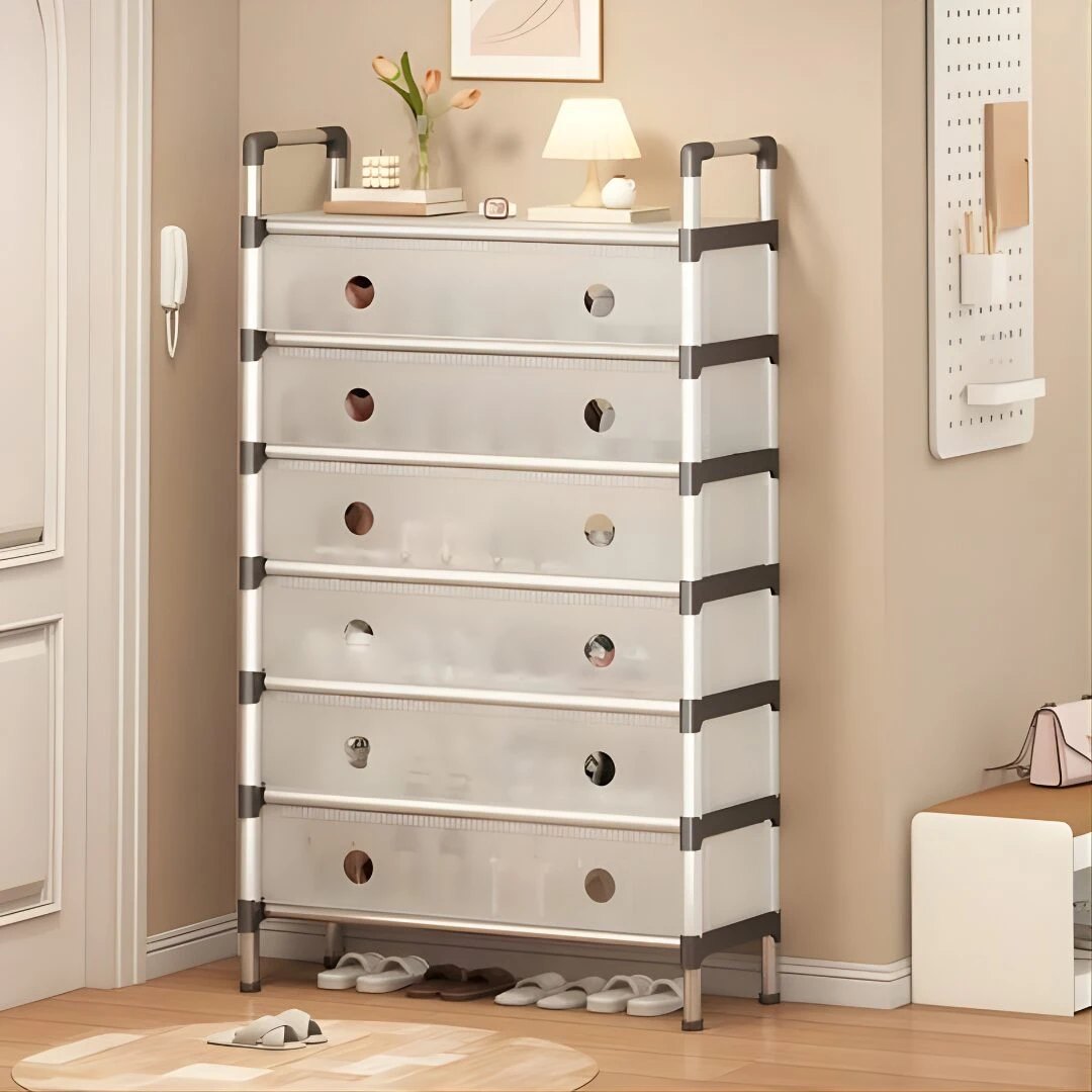 Zapatero de 7 niveles con cajones translúcidos y asas plateadas, ideal para organizar calzado.