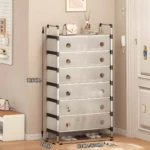 Zapatero de 7 niveles gris con cubre polvo, medidas 128x63x28cm, ideal para organizar zapatos en el hogar.