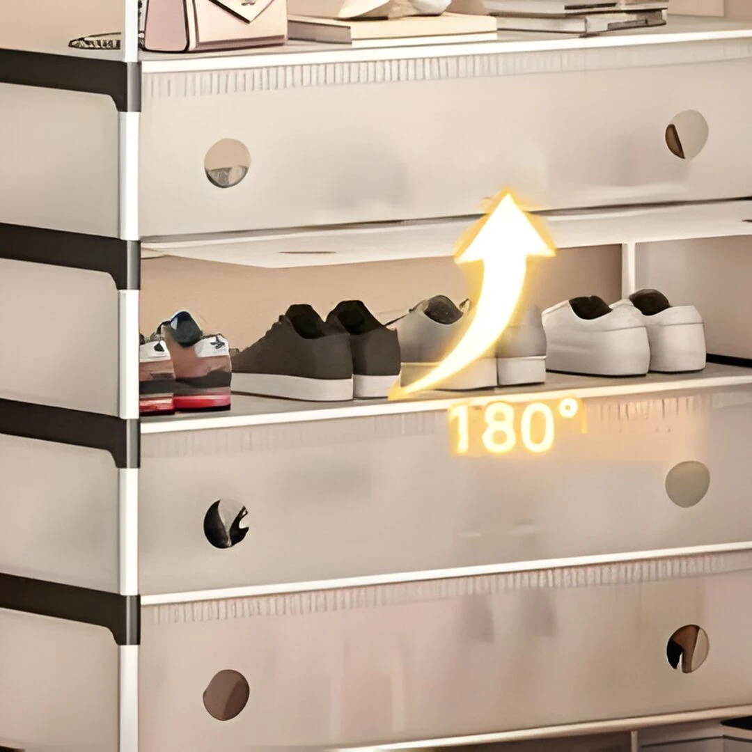 Zapatero 7 niveles blanco con diseño de flecha amarilla "180°" mostrando apertura, y varios pares de zapatillas y zapatos.