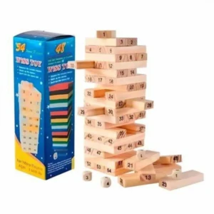 Torre inestable de bloques de madera Jenga 54pzs con dado, caja azul.