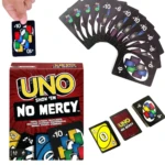UNO No Mercy, caja y cartas de juego de mesa con diseño agresivo y títulos +10, +6, x2 y x4.