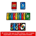 UNO No Mercy: cartas de juego con números, acción y reglas especiales.