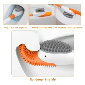 Cepillo limpiador de inodoro con mango blanco y naranja, cerdas flexibles y cabeza adaptable para limpieza profunda.