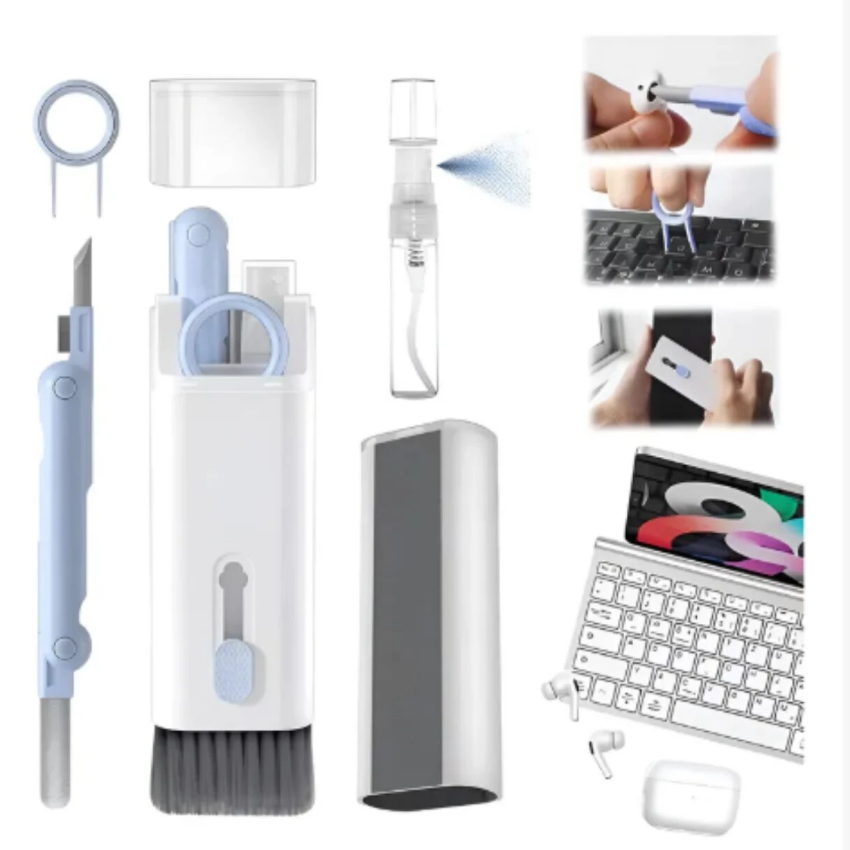 Kit de limpieza 7 en 1 para electrónicos: cepillo, punta afilada, hisopo, spray recargable y paño para limpiar audífonos y teclado.
