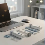 Kit de limpieza multifuncional blanco y azul para dispositivos electrónicos sobre escritorio junto a portátil y mouse.