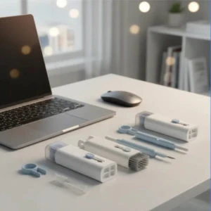 Kit de limpieza multifuncional blanco y azul para dispositivos electrónicos sobre escritorio junto a portátil y mouse.