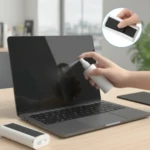 Persona rocía líquido limpiador de botella blanca sobre pantalla de portátil gris. Incluye kit de limpieza compacto con cepillo deslizable.