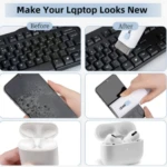 Kit de limpieza: antes y después mostrando un teclado sucio, un celular empañado y estuches de audífonos vacíos, limpiados con cepillo blanco.