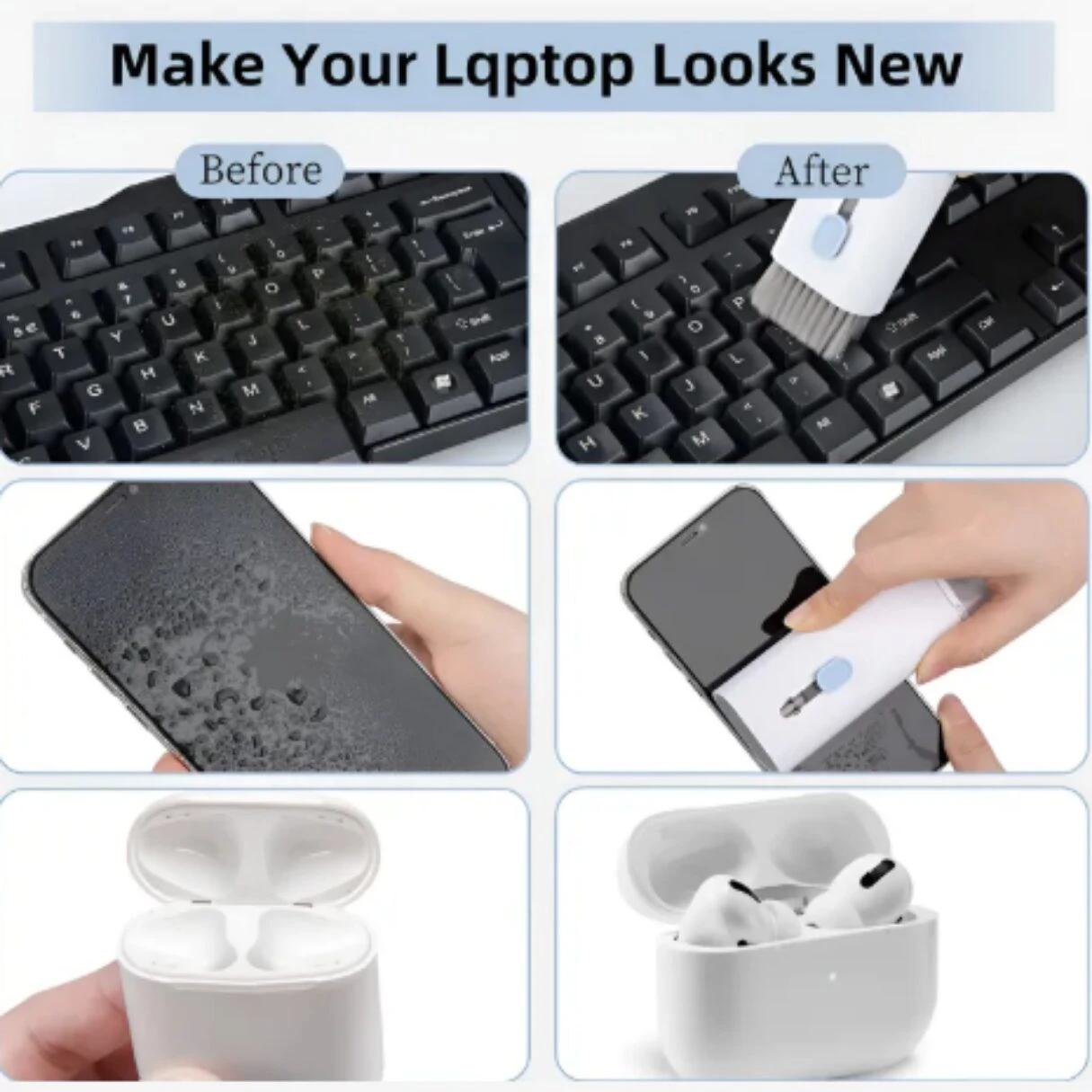 Kit de limpieza: antes y después mostrando un teclado sucio, un celular empañado y estuches de audífonos vacíos, limpiados con cepillo blanco.