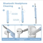 Herramienta azul plegable para limpiar audífonos Bluetooth: saca el cepillo para quitar pelusa de rejillas y estuches de carga.