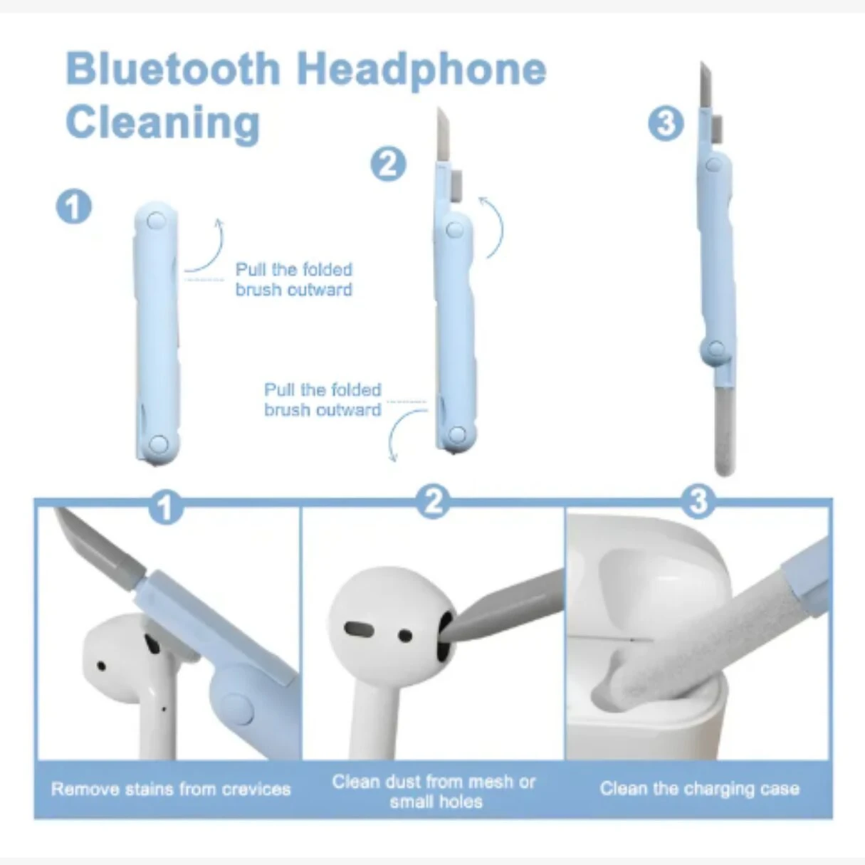 Herramienta azul plegable para limpiar audífonos Bluetooth: saca el cepillo para quitar pelusa de rejillas y estuches de carga.