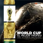 Dos alcancías doradas Trofeo Copa Mundial 30cm junto a primer plano textura metálica. Leyenda "WORLD CUP EL MEJOR TROFEO".