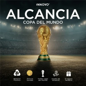 Alcancía Trofeo Copa del Mundo dorada de plástico ABS en estadio, diseño perfecto para ahorro.