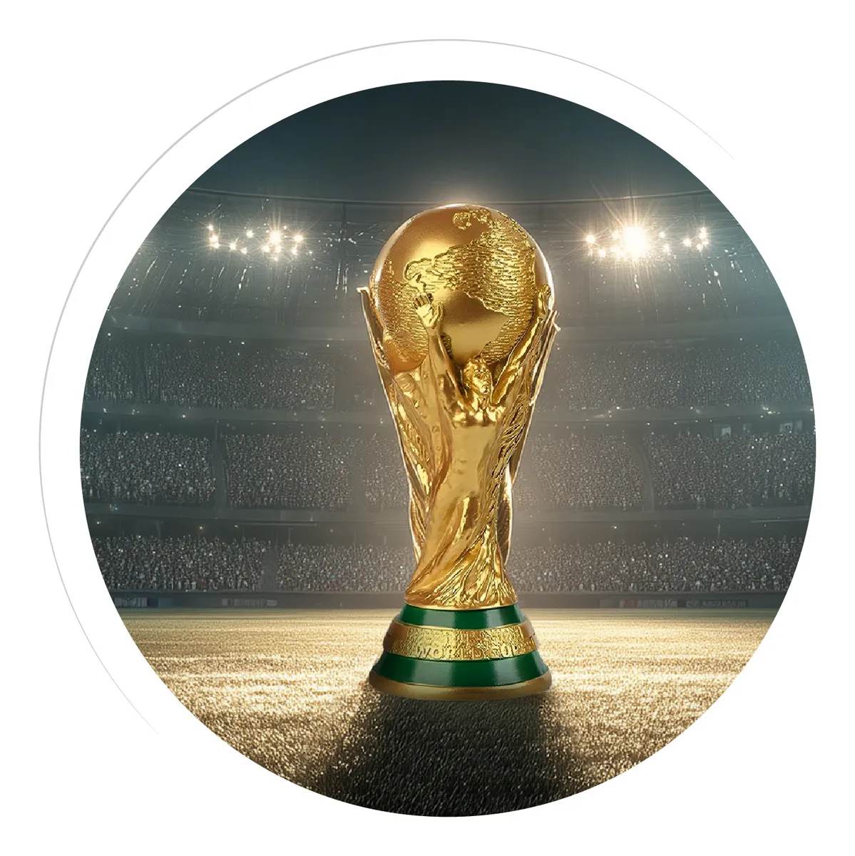 Trofeo Copa Mundial FIFA dorado brillante sobre césped iluminado de estadio lleno de espectadores. Base verde.