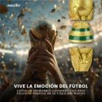 Alcancia réplica dorada Copa del Mundo 30cm, manos sosteniéndola con confeti, detalles del trofeo y base verde.