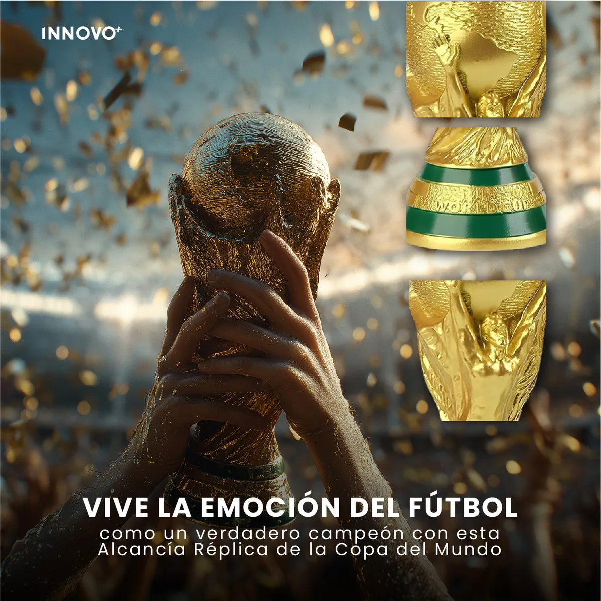 Alcancia réplica dorada Copa del Mundo 30cm, manos sosteniéndola con confeti, detalles del trofeo y base verde.