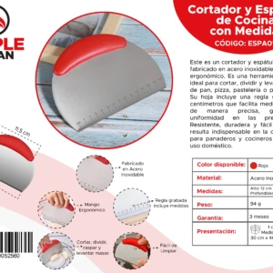 Cortador y espátula de cocina de acero inoxidable con mango rojo y regla grabada en centímetros.