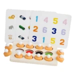 Juego Montessori de memoria con fichas de madera, tarjetas de animales y números.