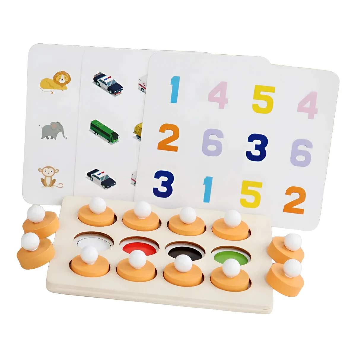 Juego Montessori de memoria con fichas de madera, tarjetas de animales y números.