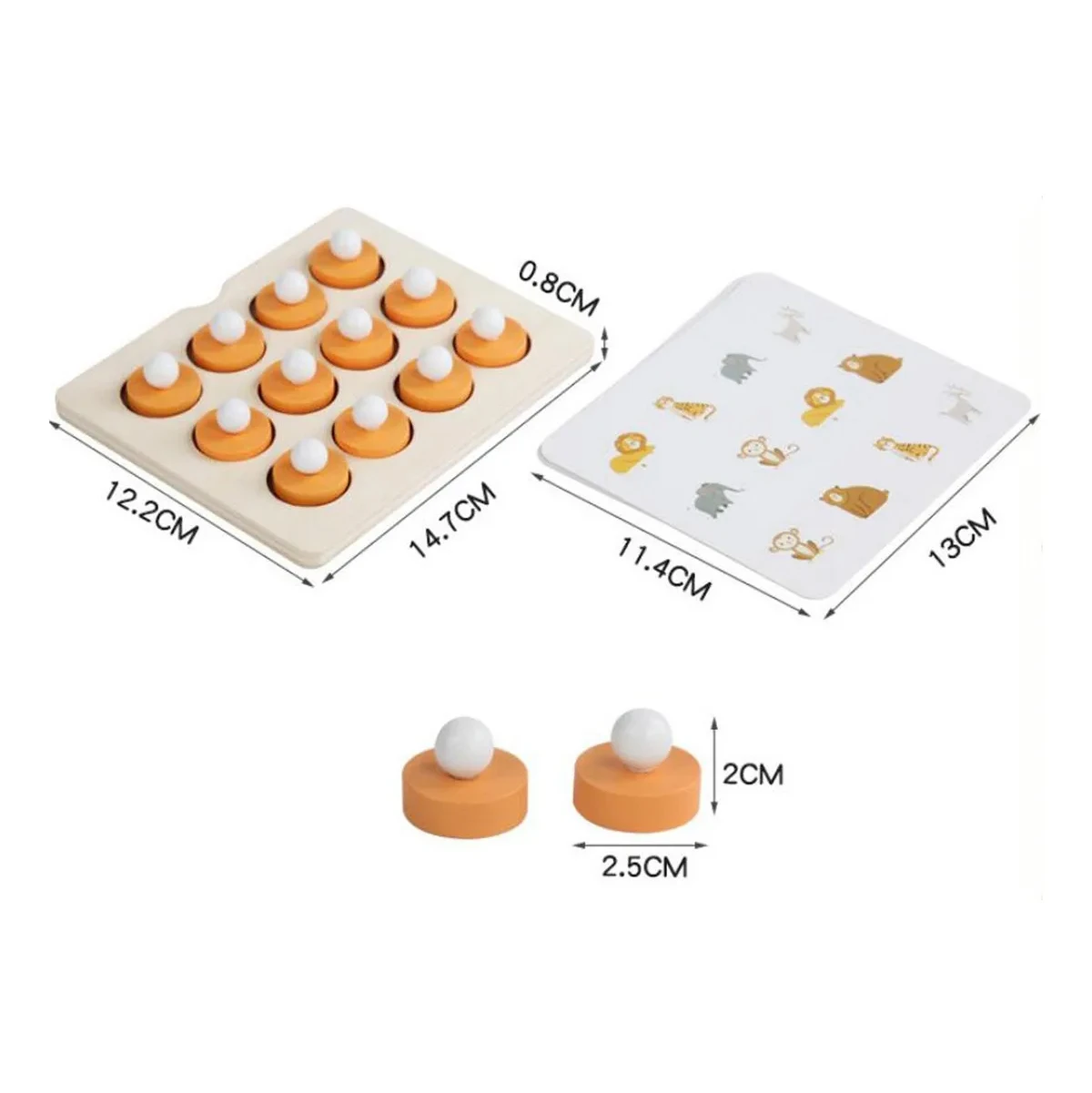 Tablero de memoria Montessori con piezas de madera naranja y blancas, y tarjetas de animales.