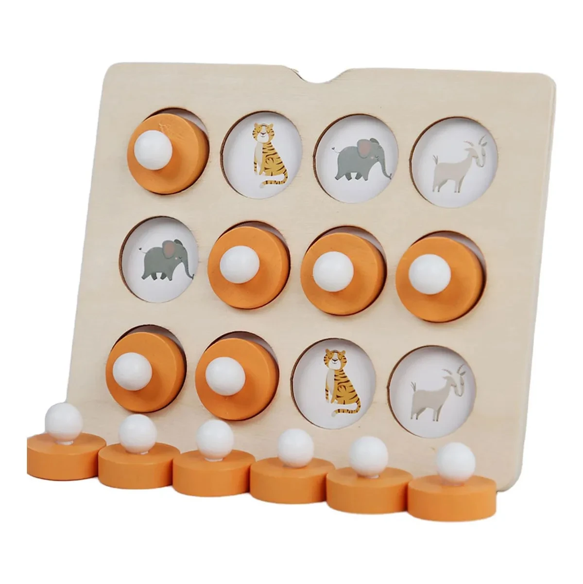 Juego de memoria Montessori de madera con fichas de animales (tigre, elefante, cabra) y pomos naranjas.