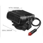 Mini calentador de aire portátil color negro para auto, con cable a toma de encendedor y medidas de 12x10 cm.