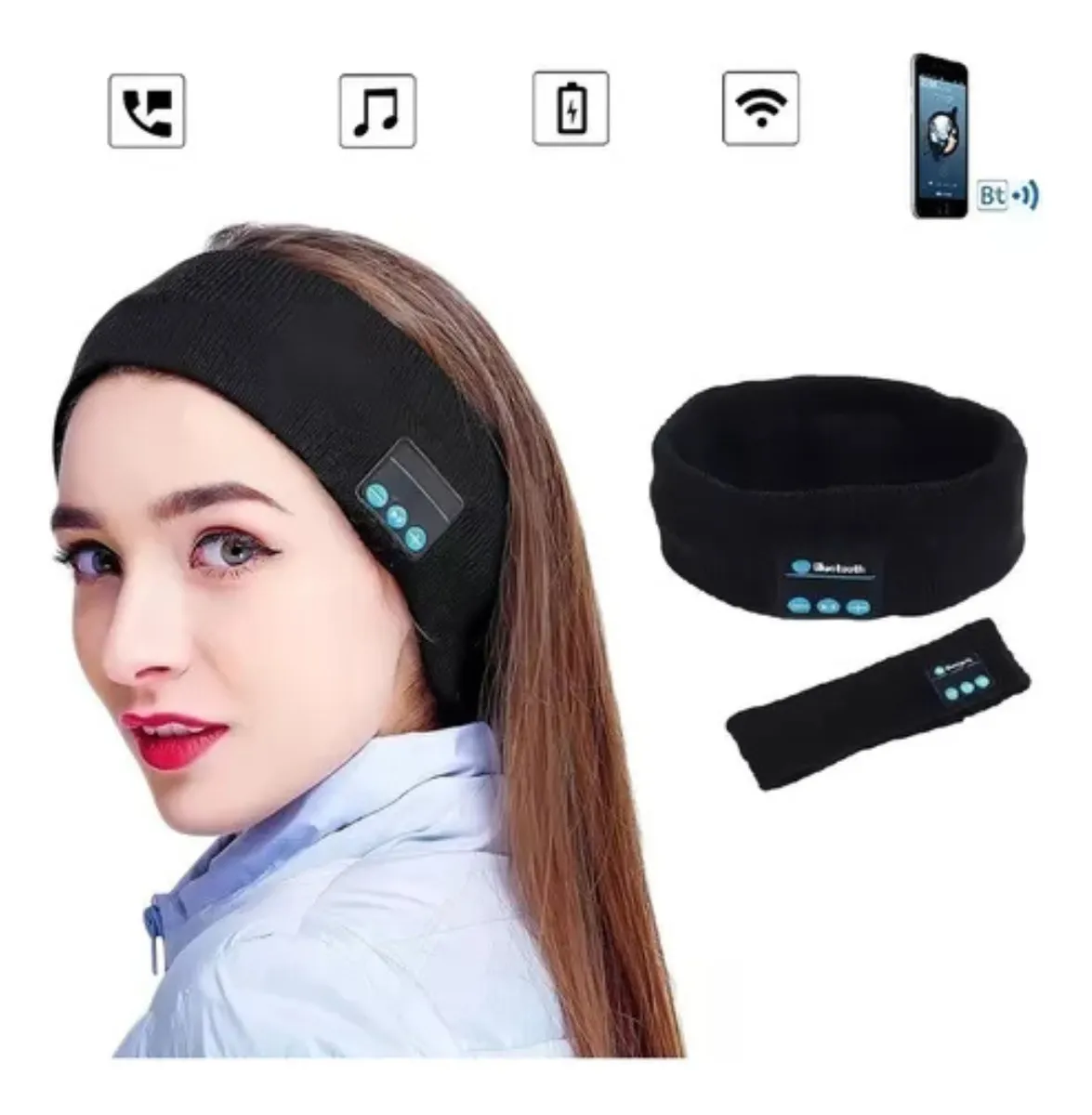 Mujer usa diadema negra deportiva con audífonos Bluetooth integrados. Se muestra la banda y el módulo de control.