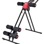 Máquina abdominal Ab Vertical negra y roja con soportes acolchados para tobillos y manijas en la parte superior, fondo blanco.