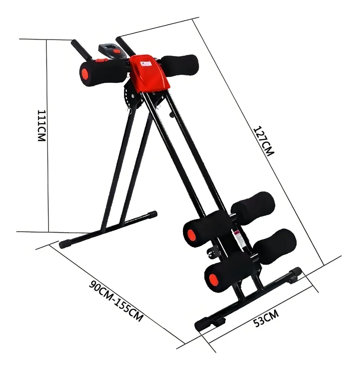 Máquina abdominal Ab Vertical negra y roja con medidas: altura 111cm, largo 127cm, base ajustable 90-155cm y ancho 53cm.