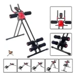 Máquina Abdominales Vertical color negro y rojo con estructura plegable, muestra detalles y diferentes ángulos de uso para ejercicios centrales.