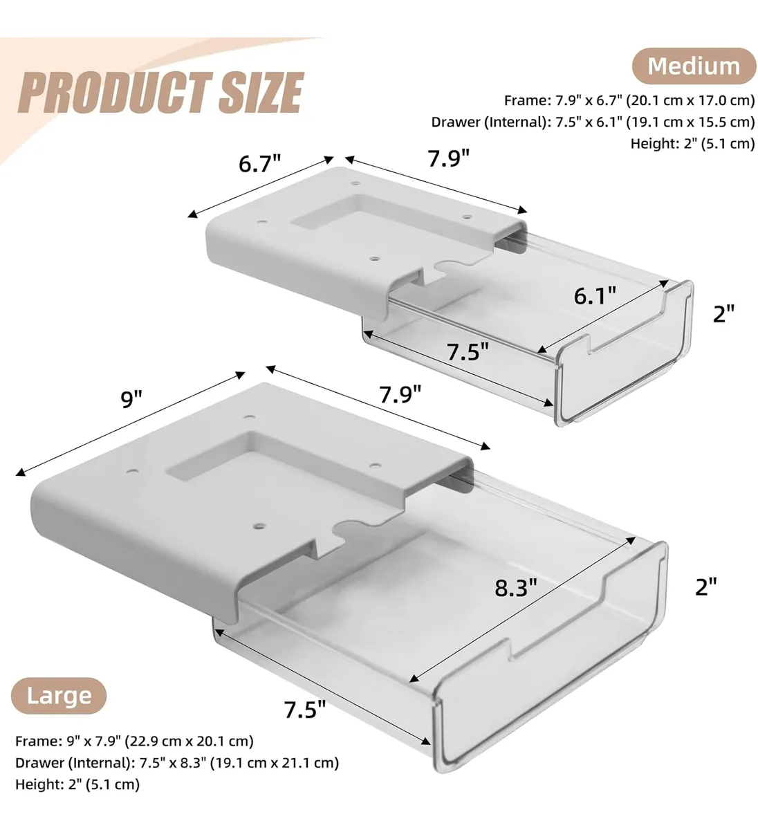 Comparativa de tamaños Medium y Large de organizador de cajón pequeño, blanco con cajón transparente, mostrando dimensiones en pulgadas.