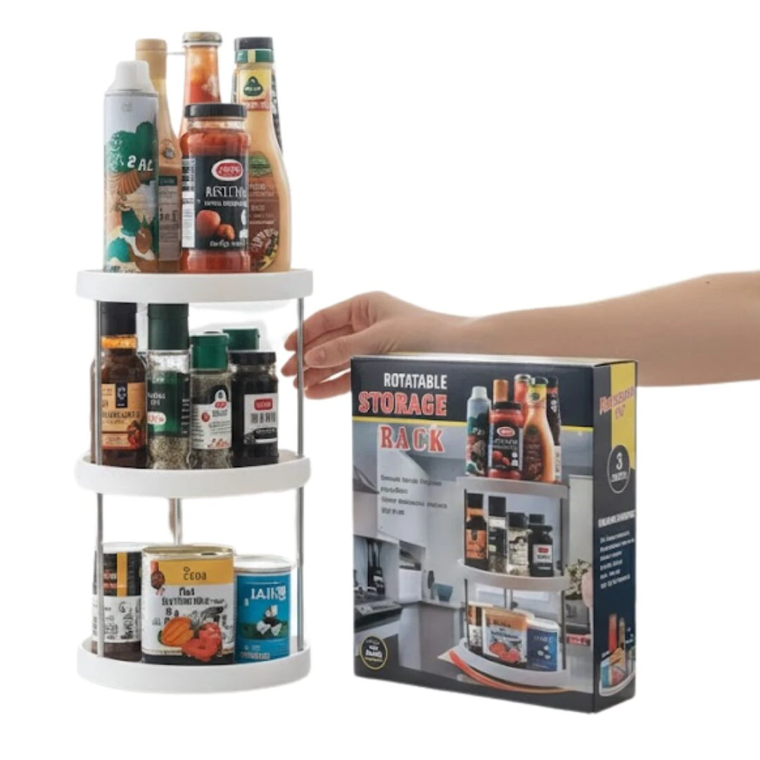 Organizador giratorio blanco de 3 niveles lleno de especias, salsas y latas, junto a su caja que muestra el estante en uso.