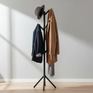 Perchero de pie negro con un sombrero, un abrigo azul marino y un abrigo camel colgados.