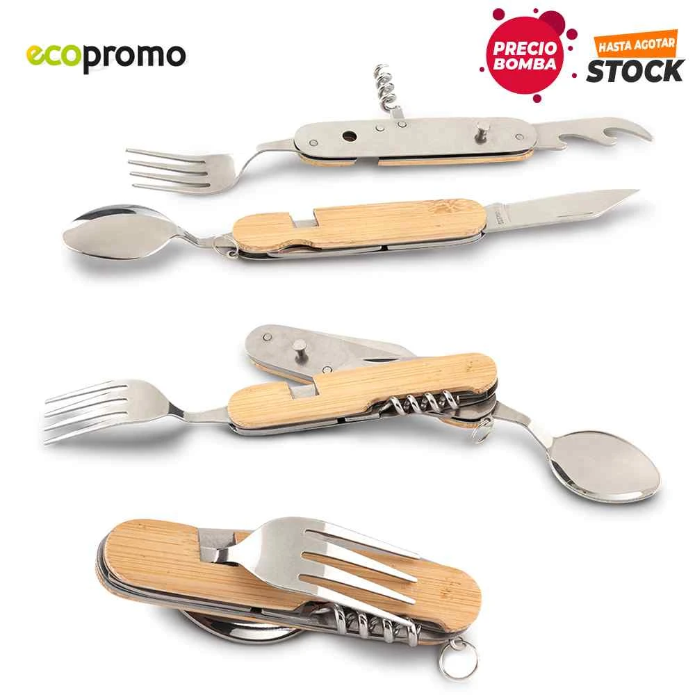 Set de cubiertos de camping de bambú y acero inoxidable: tenedor, cuchara y navaja multiusos.